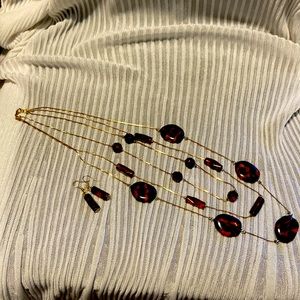 Three Strand Gold Like Chain w/ Spotted Beads & Earrings